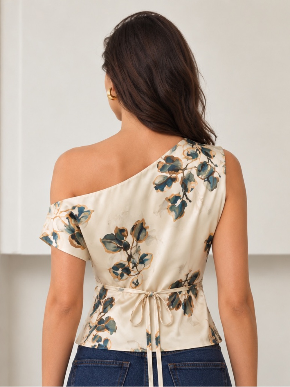 COMMENSE Floral Satin One Shoulder Tie Waist Top Medium - Picture 2 of 6